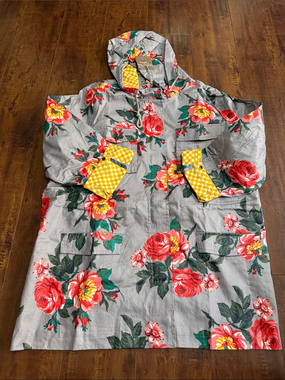 Matilda Jane Gray Trench Coat with Red & Yellow Floral Print